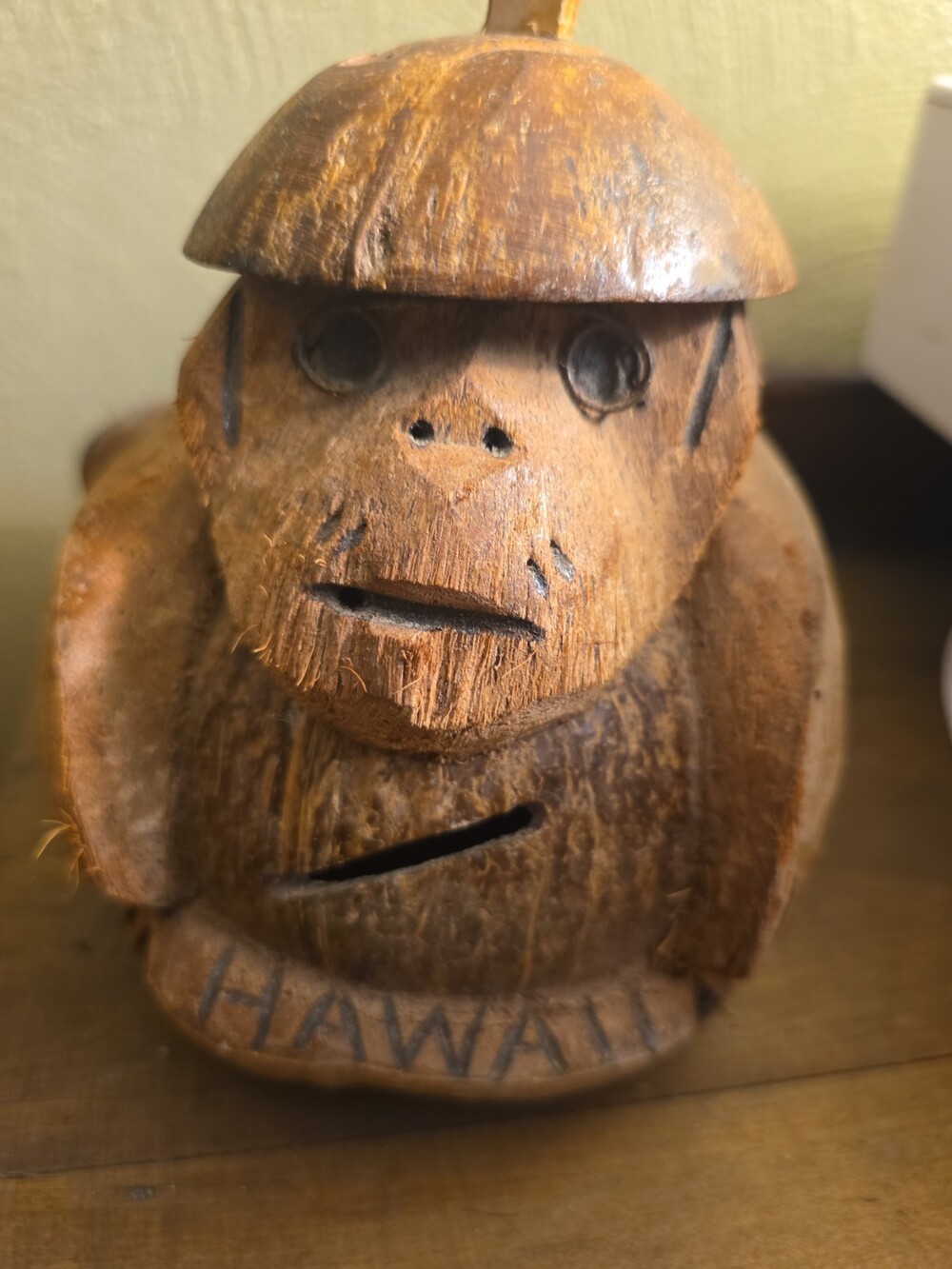 Vintage Hawaii Coconut Monkey Coin Bank - 7" tall Hand Carved